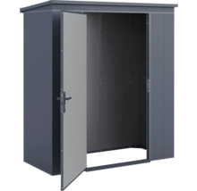 Geräteschuppen aus Metall mit Pultdach und einer geöffneten Tür.