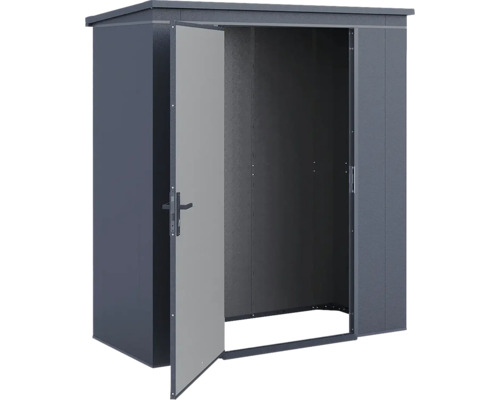 Geräteschuppen aus Metall mit Pultdach und einer geöffneten Tür.