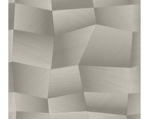 Graue Vliestapete mit geometrischem dreidimensionalem Muster aus unregelmäßigen Vielecken und feiner Linienstruktur.