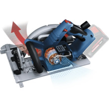 Akku-Handkreissäge 18 Volt mit bürstenlosem Motor, blauem Gehäuse, verstellbarer Grundplatte und Staubabsaugung.