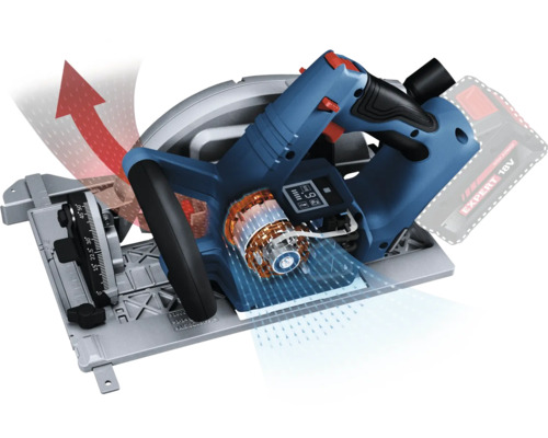 Akku-Handkreissäge 18 Volt mit bürstenlosem Motor, blauem Gehäuse, verstellbarer Grundplatte und Staubabsaugung.