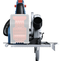 Bosch Akku-Handkreissäge in der Rückansicht mit angedeutetem Akku, Grundplatte und Absaugstutzen.