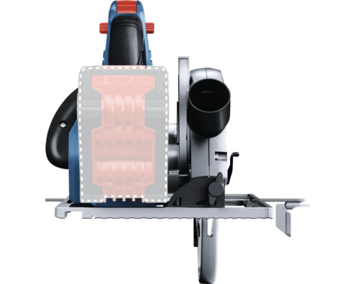 Bosch Akku-Handkreissäge in der Rückansicht mit angedeutetem Akku, Grundplatte und Absaugstutzen.