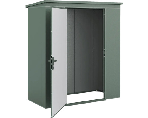 Dunkelgrünes Metallgerätehaus mit Pultdach und einer geöffneten Tür.