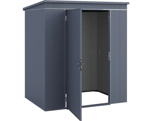 Gerätehaus aus Metall mit Pultdach und einer geöffneten Tür, Anthrazit.