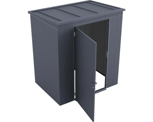 Geräteschrank aus Metall mit geöffneter Tür und Flachdach