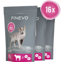 Drei Packungen Finevo Katzenfutter mit Kalb und Zusatzstoffen, 16 Stück