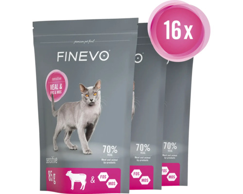 Drei Packungen Finevo Katzenfutter mit Kalb und Zusatzstoffen, 16 Stück