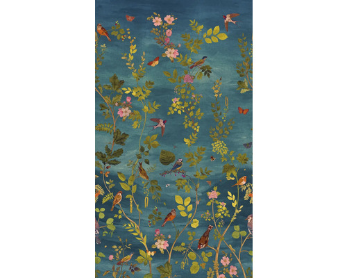 Tapete mit floralem Muster, Vögeln und Schmetterlingen auf blauem Hintergrund