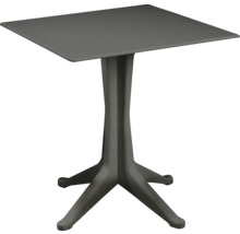 Quadratischer Bistrotisch aus anthrazitfarbenem Metall mit Mittelfuß und vier Füßen.