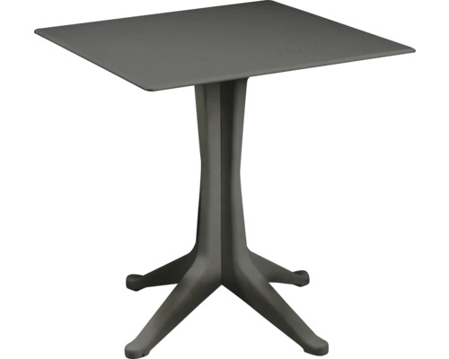 Quadratischer Bistrotisch aus anthrazitfarbenem Metall mit Mittelfuß und vier Füßen.