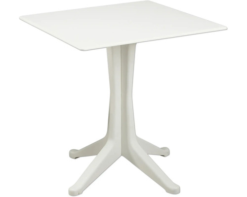 Weißer quadratischer Gartentisch aus Kunststoff mit Mittelfuß und vier Standbeinen.
