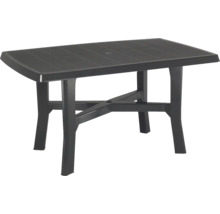 Rechteckiger Gartentisch aus Kunststoff mit Lattenoptik auf der Tischplatte, mittigem Schirmloch und X-förmiger Verstrebung.