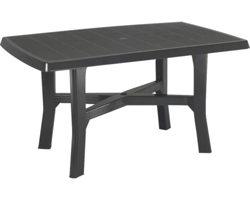 Rechteckiger Gartentisch aus Kunststoff mit Lattenoptik auf der Tischplatte, mittigem Schirmloch und X-förmiger Verstrebung.