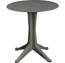 Runder Bistrotisch aus Kunststoff in Anthrazit mit Mittelfuß und vier Ausläufern.