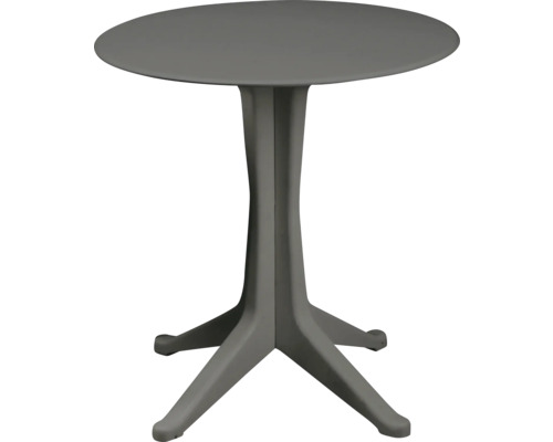 Runder Bistrotisch aus Kunststoff in Anthrazit mit Mittelfuß und vier Ausläufern.