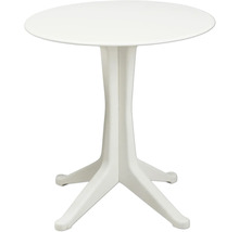 Runder Bistrotisch aus Kunststoff in Weiß mit einem zentralen Standfuß.