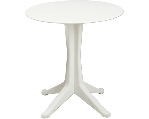 Runder Bistrotisch aus Kunststoff in Weiß mit einem zentralen Standfuß.
