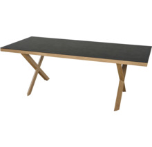 Rechteckiger Esstisch mit schwarzer Tischplatte und X-förmigem Holzgestell.