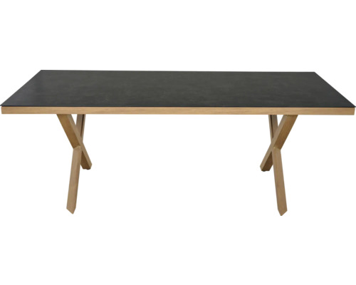 Rechteckiger Esstisch mit dunkler Tischplatte und X-förmigen Tischbeinen aus hellem Holz.