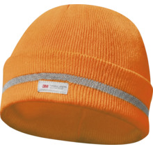 Orangefarbene Strickmütze mit Reflektorstreifen und 3M Thinsulate Logo