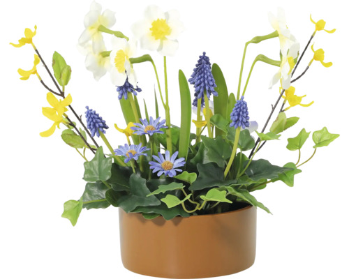 Künstliches Blumengesteck mit Narzissen, Traubenhyazinthen und Gänseblümchen in einem Topf