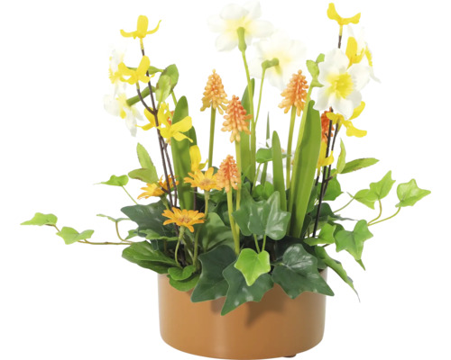Dekorative Kunstblumen in einem Topf mit Narzissen, Ringelblumen und Grünpflanzen.