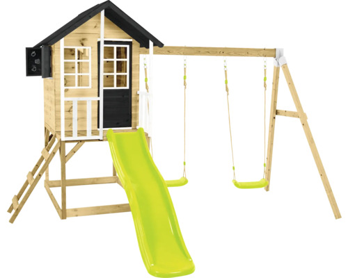 Spielturm mit Rutsche und Schaukel aus Holz