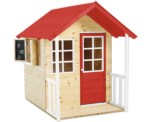Spielhaus aus Holz mit rotem Dach, Tür und Fenstern