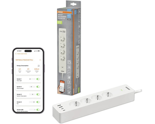 Osram SMART+ Multipower Socket EU, smarte Steckdosenleiste mit 4 Steckdosen und 4 USB-Anschlüssen, App-Steuerung und Energiemessung.