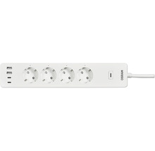 Weiße Osram smarte Steckdosenleiste mit 4 Steckplätzen, 2 USB-A und 2 USB-C Anschlüssen.