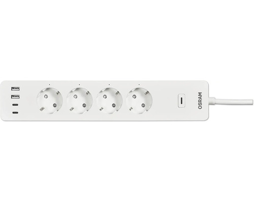 Weiße Osram smarte Steckdosenleiste mit 4 Steckplätzen, 2 USB-A und 2 USB-C Anschlüssen.