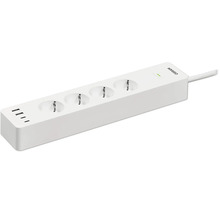 Weiße Osram Steckdosenleiste mit vier Steckplätzen, vier USB-Anschlüssen und Kontrollleuchte.