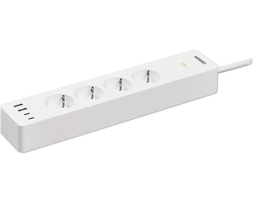 Weiße Osram Steckdosenleiste mit vier Steckplätzen, vier USB-Anschlüssen und Kontrollleuchte.