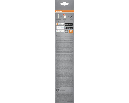 Rückseite der Verpackung der OSRAM SMART Plus Mehrfachsteckdose mit Informationen zur App Steuerung und Kompatibilität mit Smart Home Systemen.