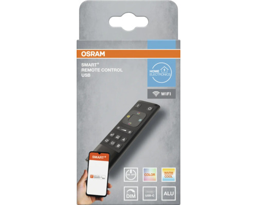 Osram Logo. Fernbedienung Smart Plus Remote Control USB für WLAN mit Funktionen für Ein Aus, Farbwechsel, Dimmen, USB-C Anschluss und Aluminium.