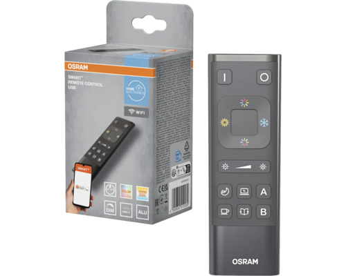 Osram Smart Plus Fernbedienung USB für intelligente Beleuchtung mit Verpackung, Tasten für Helligkeit, Farbe und programmierbare Modi.