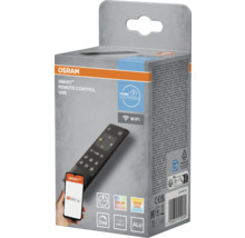 OSRAM SMART plus Fernbedienung USB Verpackung mit Abbildung der Fernbedienung, App-Steuerung, WLAN, Farbauswahl, Dimmfunktion und USB-C-Anschluss.