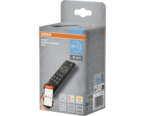 OSRAM SMART plus Fernbedienung USB Verpackung mit Abbildung der Fernbedienung, App-Steuerung, WLAN, Farbauswahl, Dimmfunktion und USB-C-Anschluss.