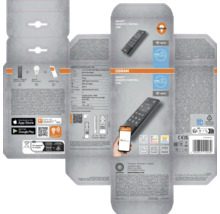 Osram Logo auf der Verpackung der Smart plus Fernbedienung USB mit Abbildungen der Fernbedienung, einer Smartphone App und Symbolen fuer WiFi.