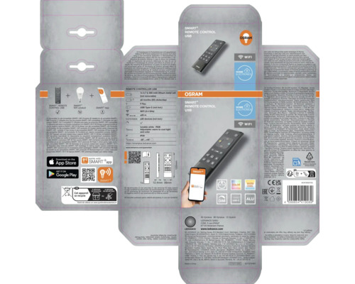 Osram Logo auf der Verpackung der Smart plus Fernbedienung USB mit Abbildungen der Fernbedienung, einer Smartphone App und Symbolen fuer WiFi.
