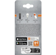 Rückseite der Verpackung für Smart Plus Produkte mit Fernbedienung, WLAN-Leuchtmittel, App-Steuerung, Entsorgungshinweisen und Osram Logo.