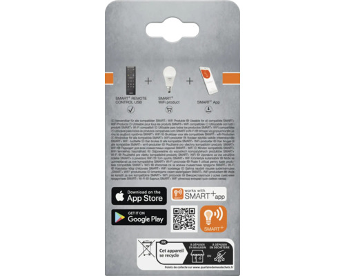 Rückseite der Verpackung für Smart Plus Produkte mit Fernbedienung, WLAN-Leuchtmittel, App-Steuerung, Entsorgungshinweisen und Osram Logo.