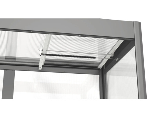 Detailansicht einer Gewächshauskonstruktion mit Fensteröffnungsmechanismus