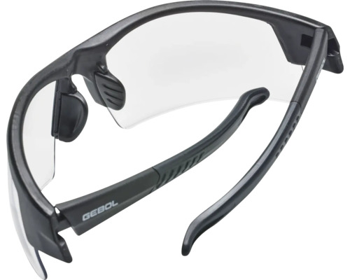 Schutzbrille mit transparenten Gläsern und schwarzem Rahmen