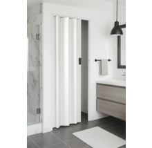 Weißes Bad mit Falttür, Waschbecken und Dusche