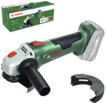 Bosch Akku-Winkelschleifer PWS 18V-70 mit Zusatzhandgriff, Schutzhaube und Produktverpackung.