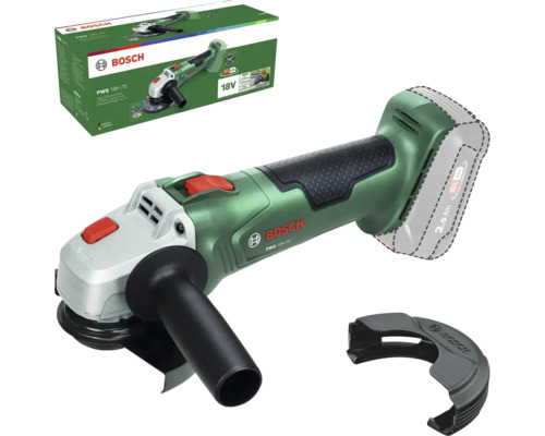 Bosch Akku-Winkelschleifer PWS 18V-70 mit Zusatzhandgriff, Schutzhaube und Produktverpackung.
