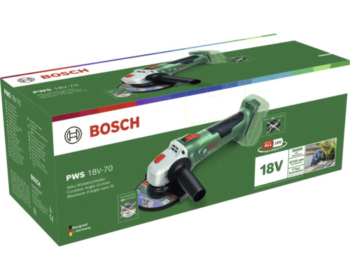 Bosch Akku-Winkelschleifer PWS 18V-70 in der Verpackung, 18 Volt, 125 Millimeter Scheibendurchmesser, ohne Akku und Schleifscheibe.