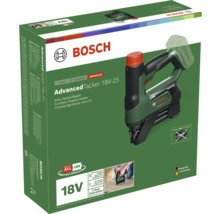 Bosch Akku-Tacker und Nagler AdvancedTacker 18V-25 in der Verpackung für Schmalrückenklammern und Stauchkopfnägel.